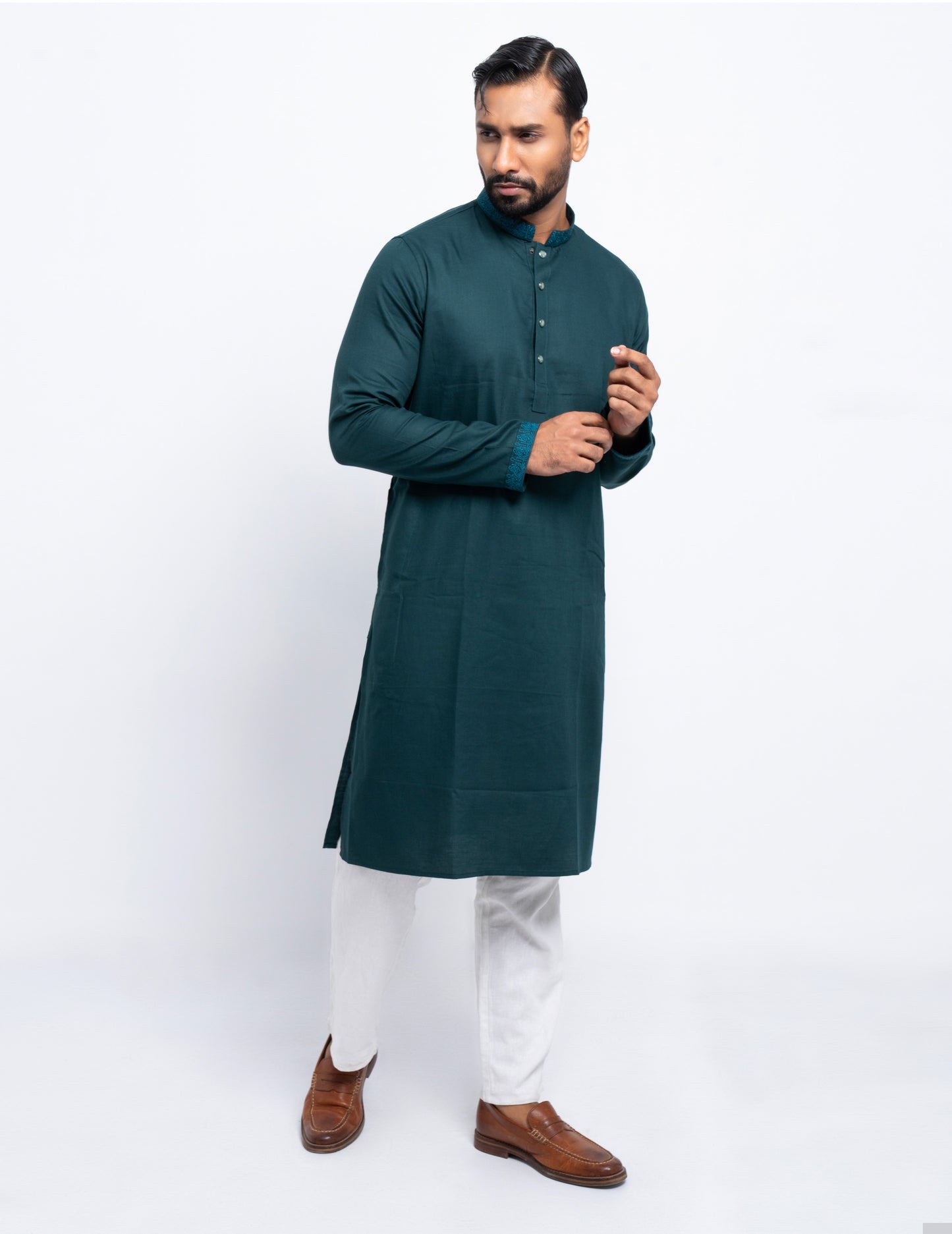 Premium Panjabi - Bottle Green Herringbone
